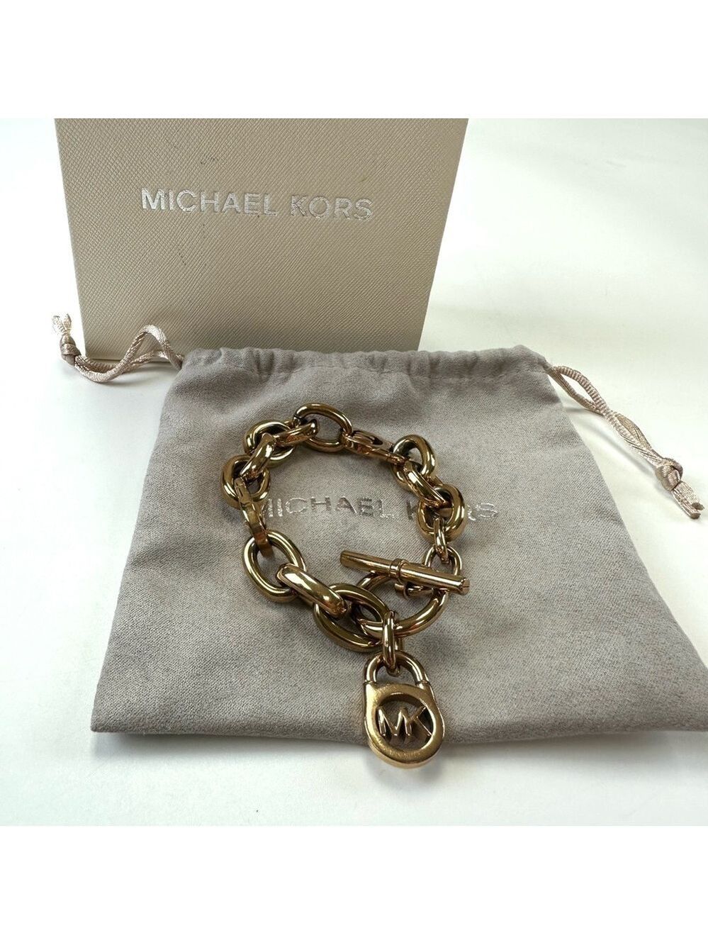 Michael Kors gold tone chunky link logo bracelet NEW pouch in BOX